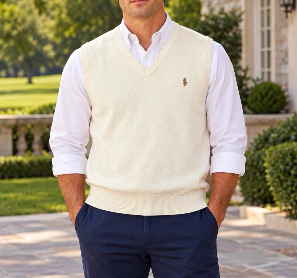 Polo Ralph Lauren Men’s XL Ivory Pima Cotton V Neck Sweater Vest Pony Logo